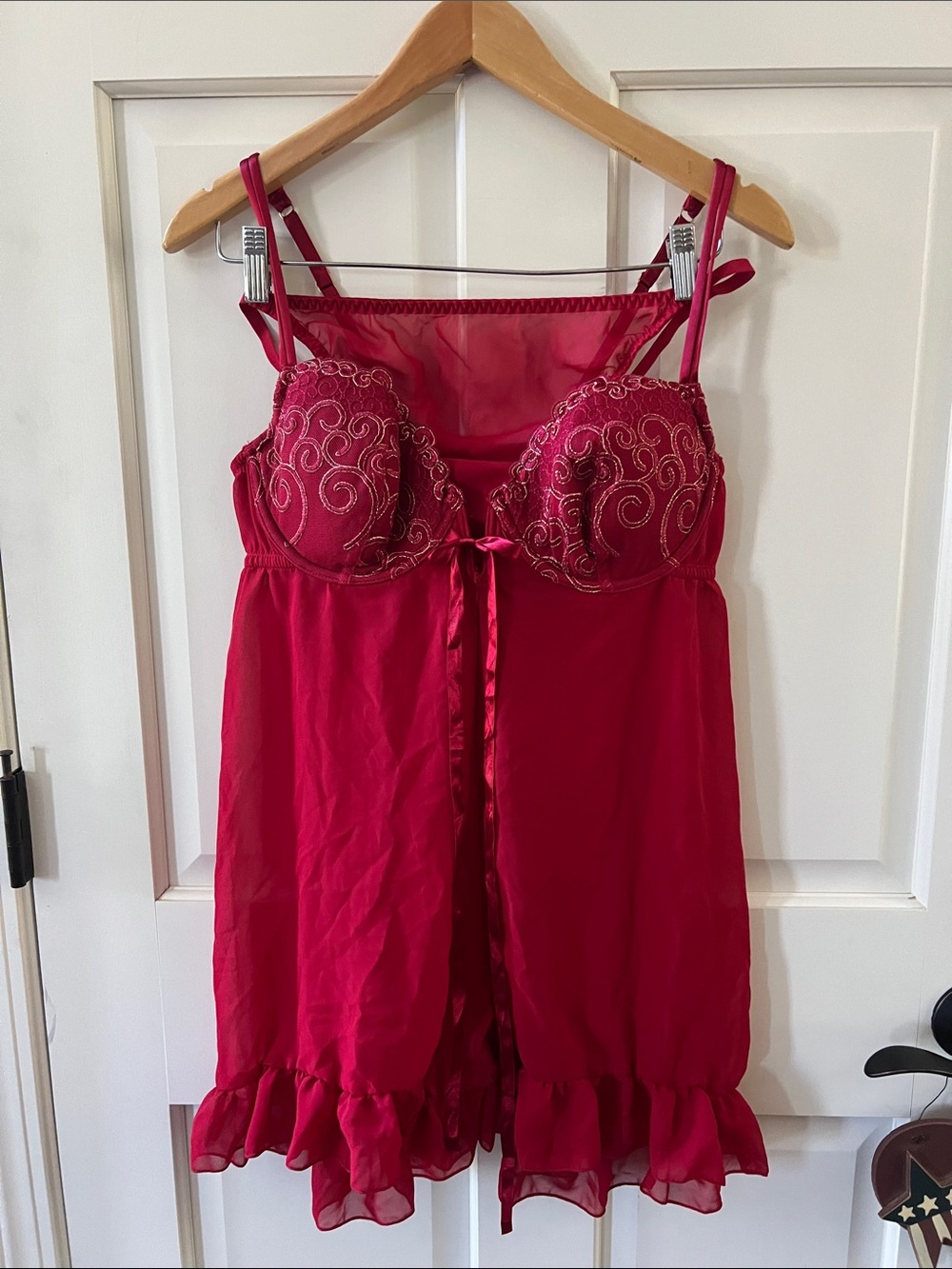 Cacique Babydoll Chemise Lingerie & Panty Set Berry Pink Black Lace 14/16 NEW